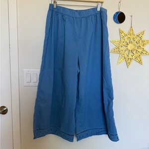Blue Wide-Leg Pants with Lace Trim